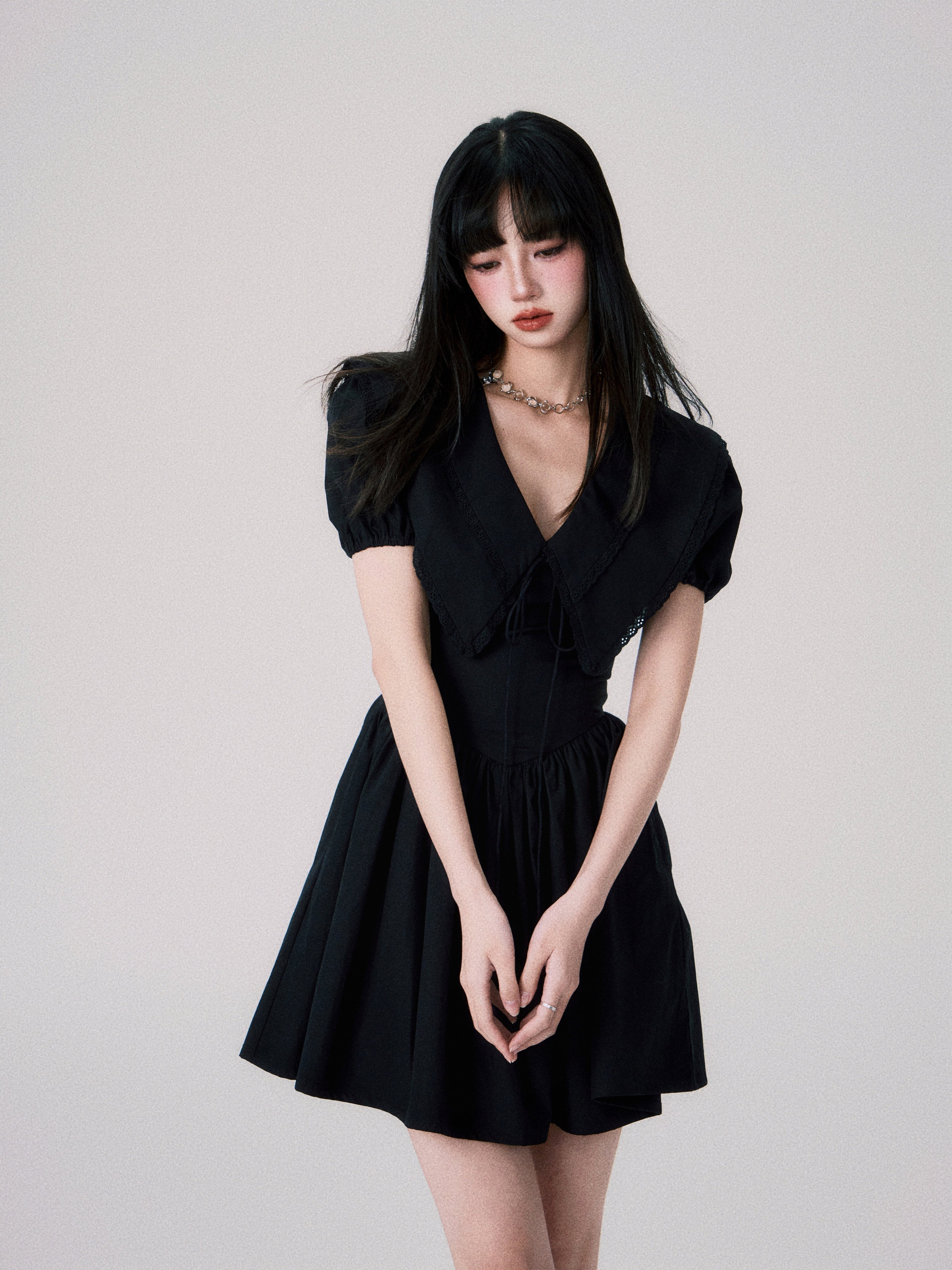 Babydoll Collar Puff Sleeve Short One-piece – ARCANA ARCHIVE