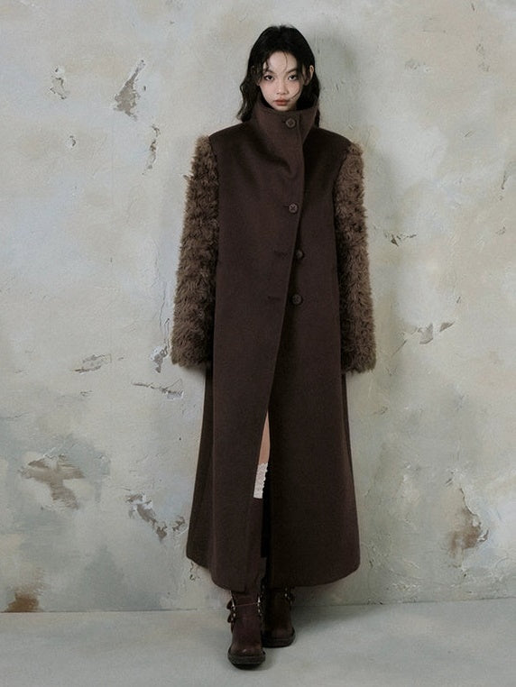 Plush Fur Sleeve Splicing Stand Collar Coat