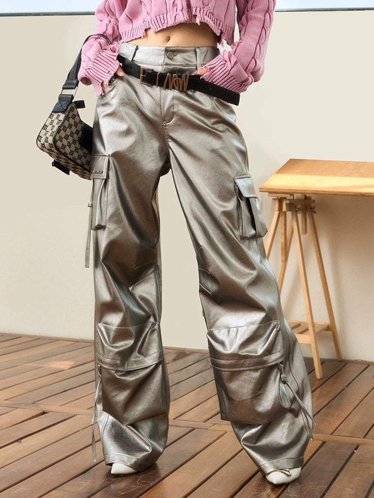 PU Leather Wide-leg Cargo Pants