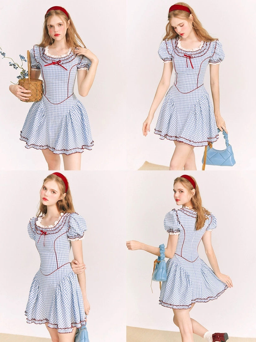 Puff Sleeves Sweet Plaid Princess Dress