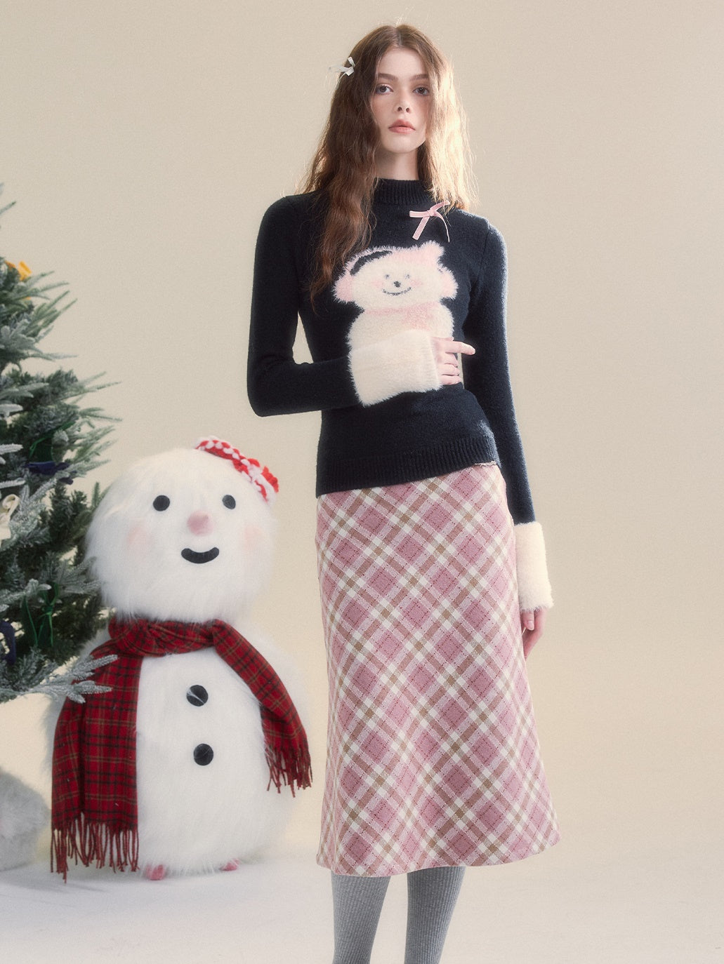 Snowman Splicing Fur Bottle-neck Slim Sweater