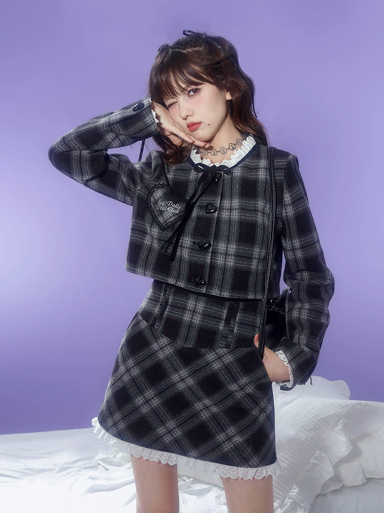 Checkered Lace Stitch No-Collar Jacket ＆ A-Line Skirt