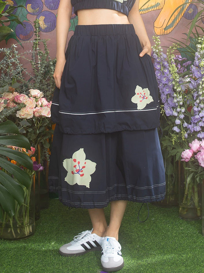 Cherry Blossom Print Mid-Long Skirt