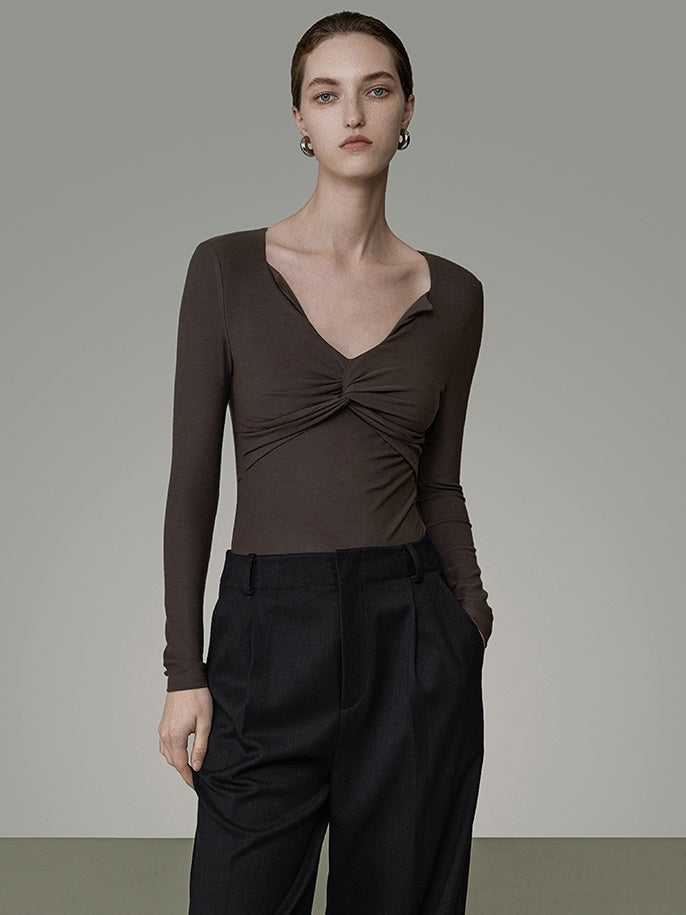 V-neck Sweater Pleated Twist Design Bottoming Shirt