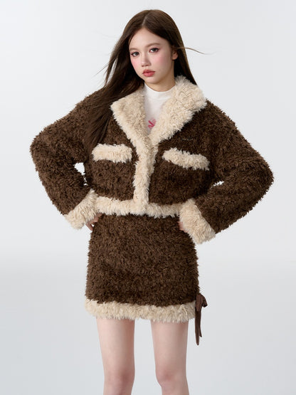 Lamb Hair Plush Short Jacket ＆ Mini Skirt