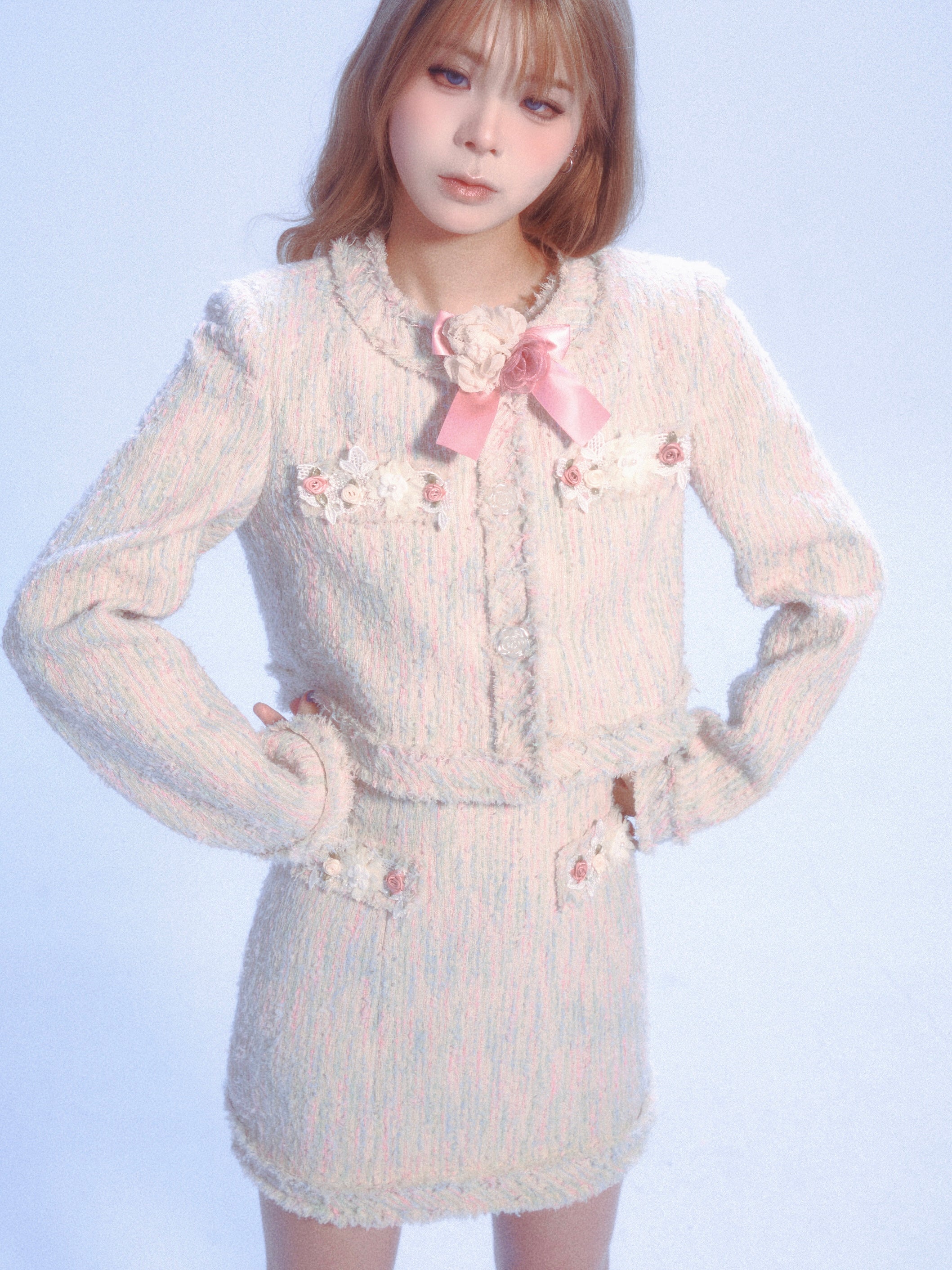 Raw Edges And Flower Decoration Tweed Short Jacket