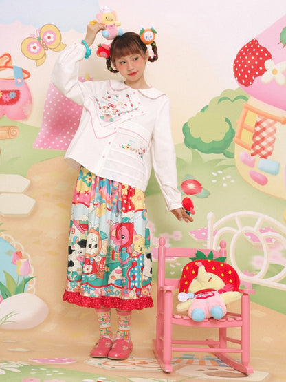 Cartoon Printed Splicing Lace Gather Skirt