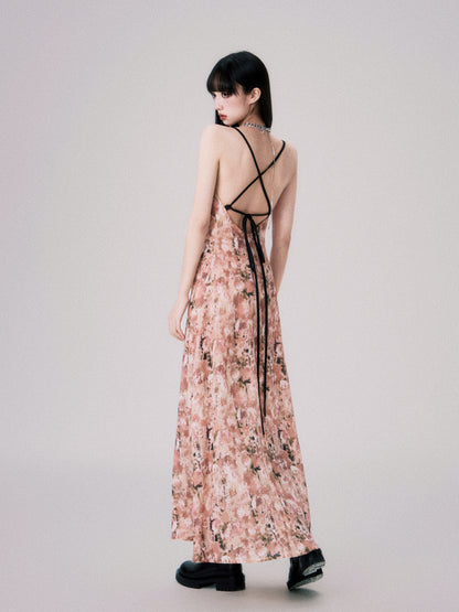 Swing Neck Backless Floral Suspender Dress