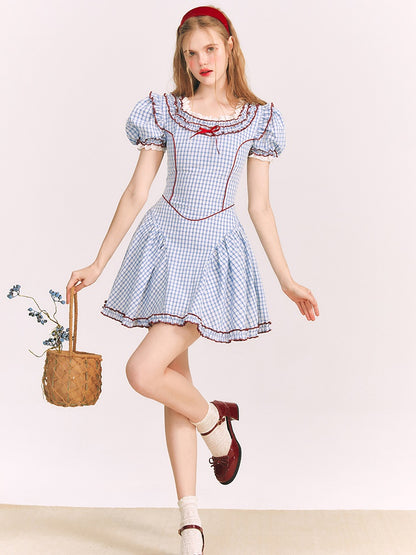 Puff Sleeves Sweet Plaid Princess Dress