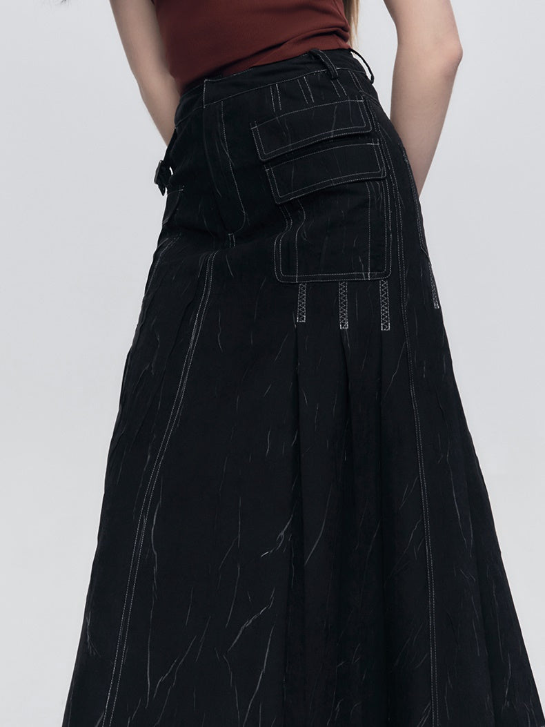 Wrinkle Texture Pleated Pocket Skirt