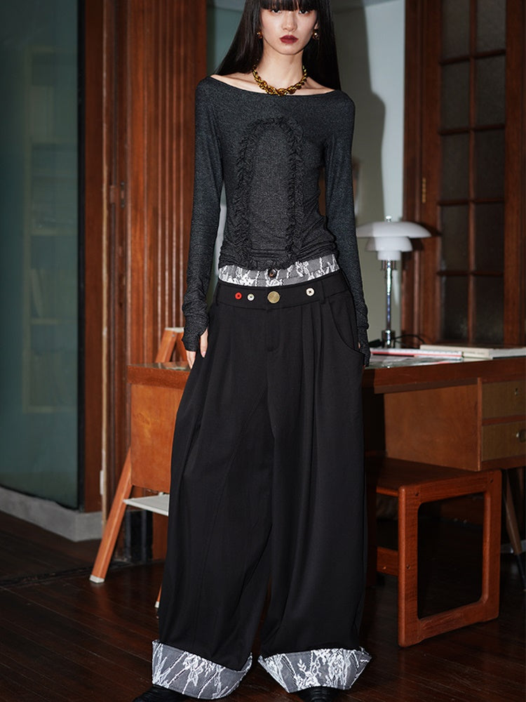 Lace Splicing Flap Loose Wide Leg Pants