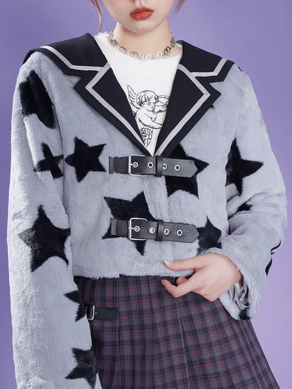 Star Sailor Collar Imitation Rabbit Fur Short Jacket