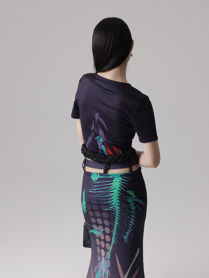 Fishbone Print Stitching Braid Profile Hem Top &amp; Fishtail Skirt