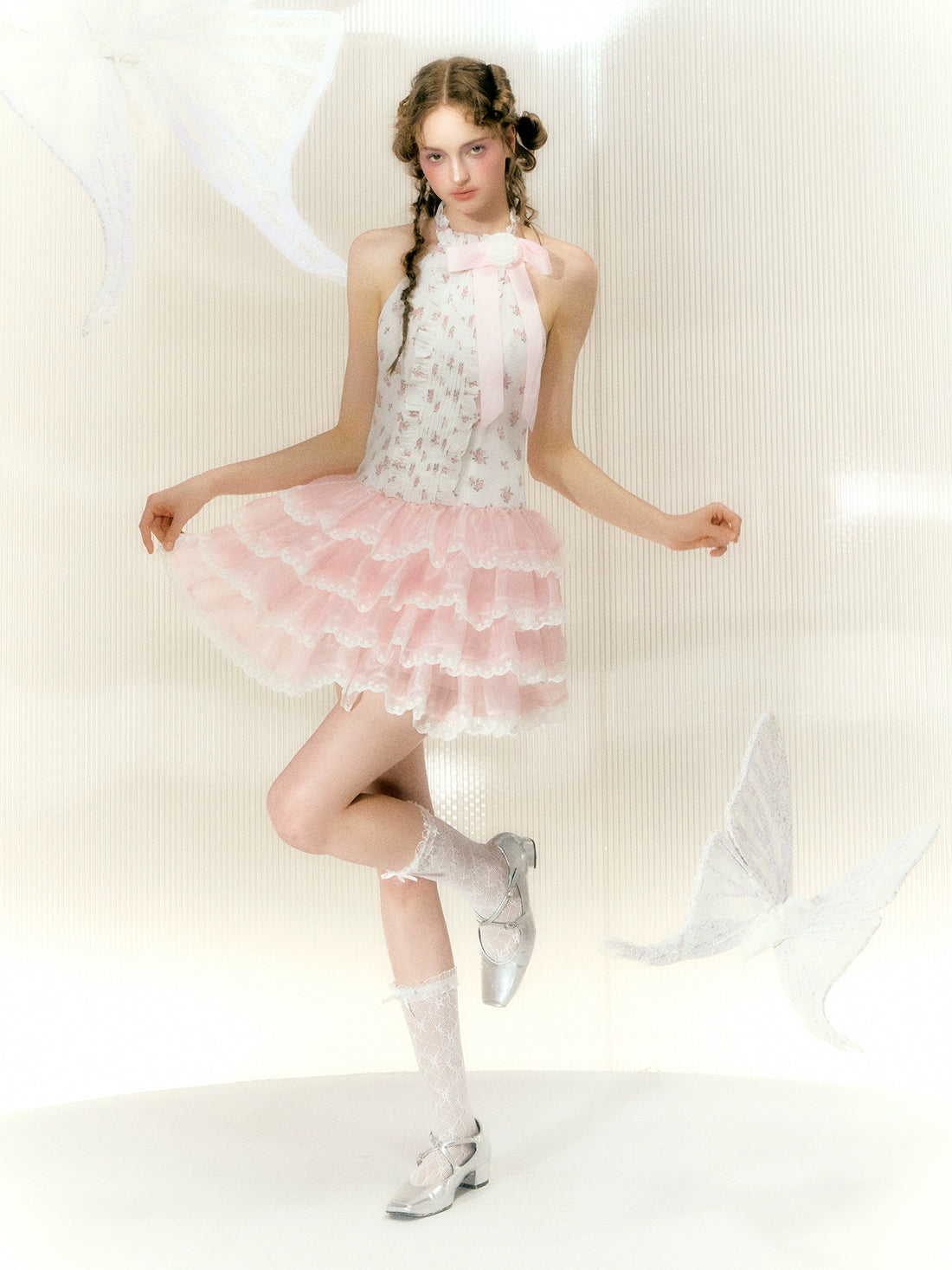 Narrator Original Design Pink And White Floral Lace Cake Dress Halter Neck Sleeveless Dress Princess Dress