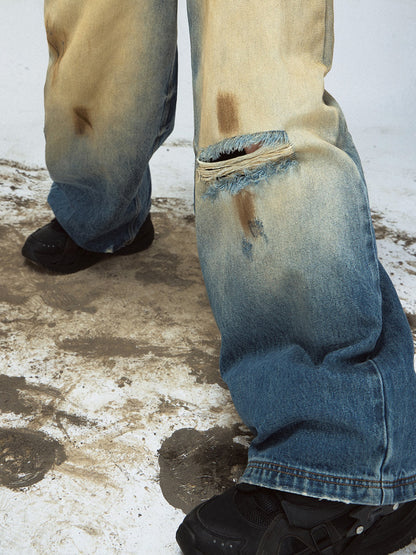 Mud-dyed Ripped Wide Straight Jeans