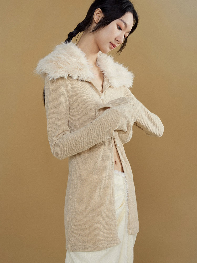 Detachable Fur Collar Long Sleeve Knitted Cardigan