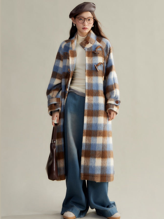 Retro Plaid Stand Collar Toggle Coat