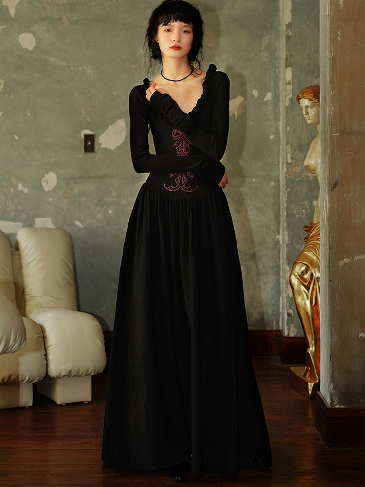 U-Neck Embroidery Waist Switching Long Dress