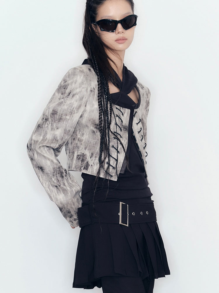 Mottled No Collar Jacket ＆ A-Line Mini Skirt