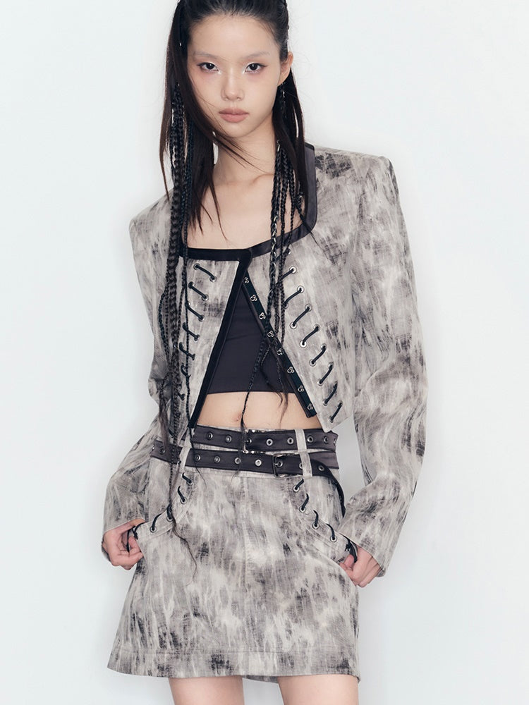 Mottled No Collar Jacket &amp; A-Line Mini Skirt