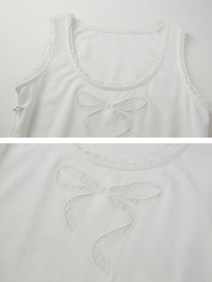 Lace Bow Embroidered Splicing Sleeveless One-piece