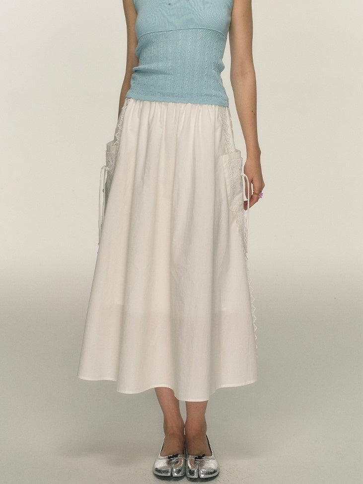 Side Lace Stitch Long Gather Skirt