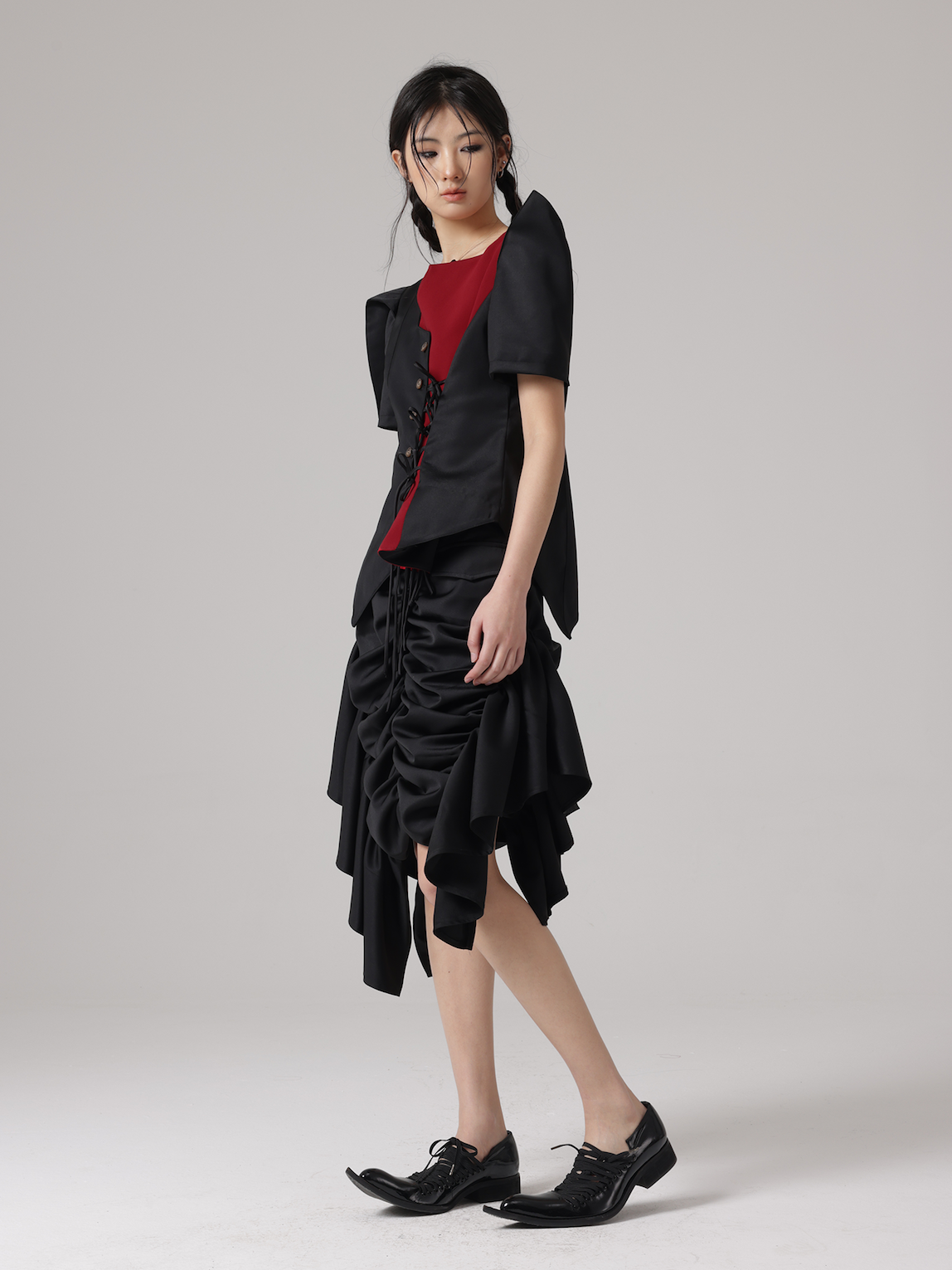 Special-Shaped Design Pierrot Shirt &amp; Asymmetry Gather Skirt