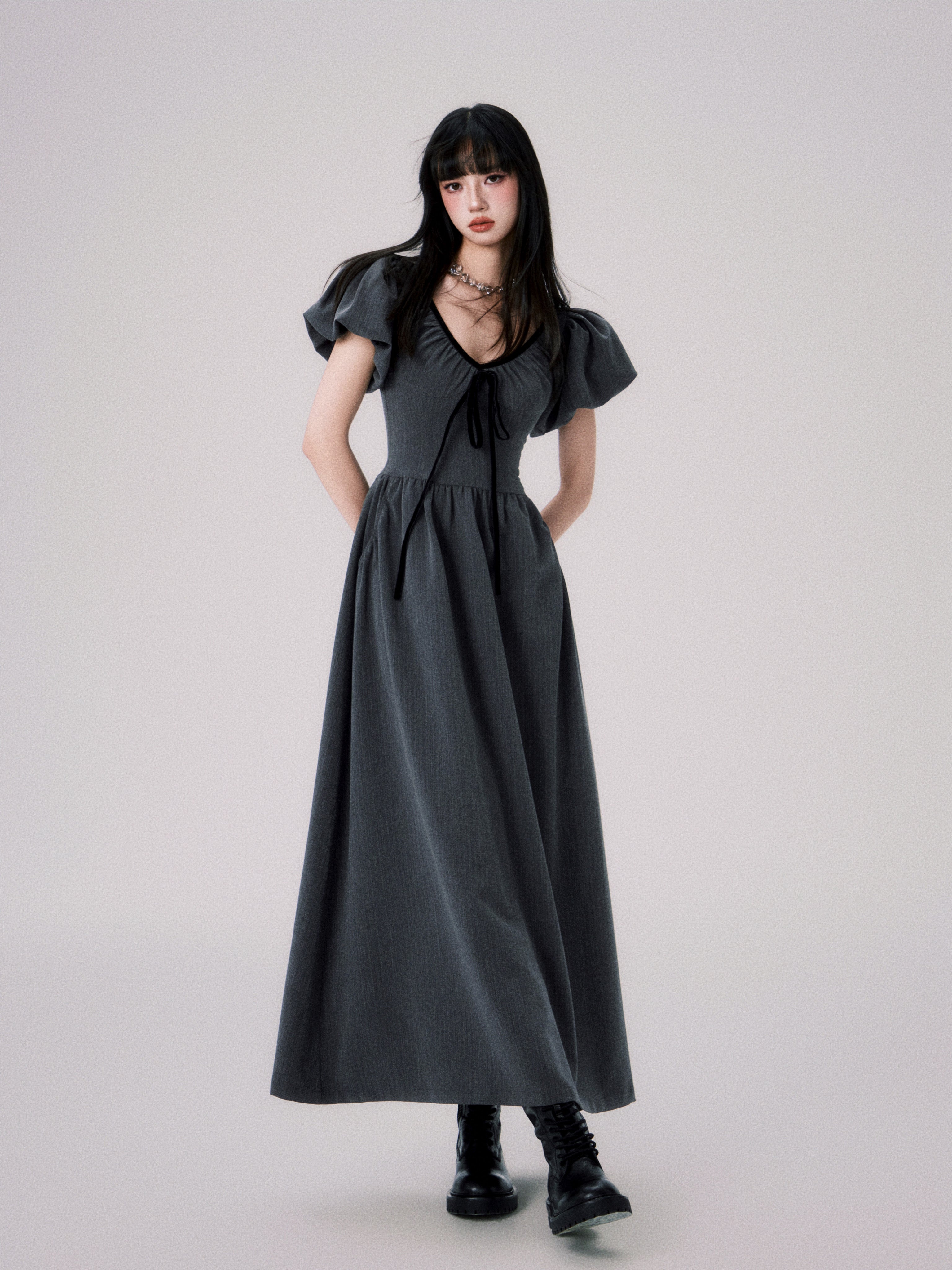 V-neck Puff Sleeve Waist Slimming Long Gather Dress