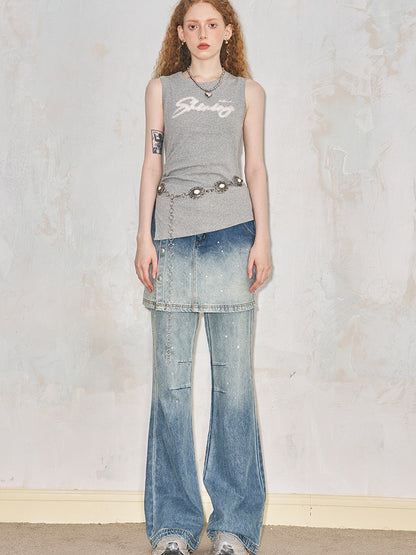 Fake Two-piece Gradation Wash Flared Denim Skirt Pants