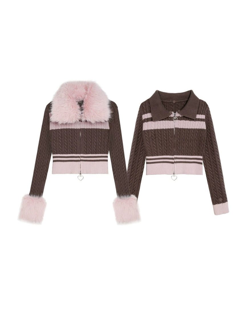 Detachable Plush Fur Collar Double-Zipper Sweater