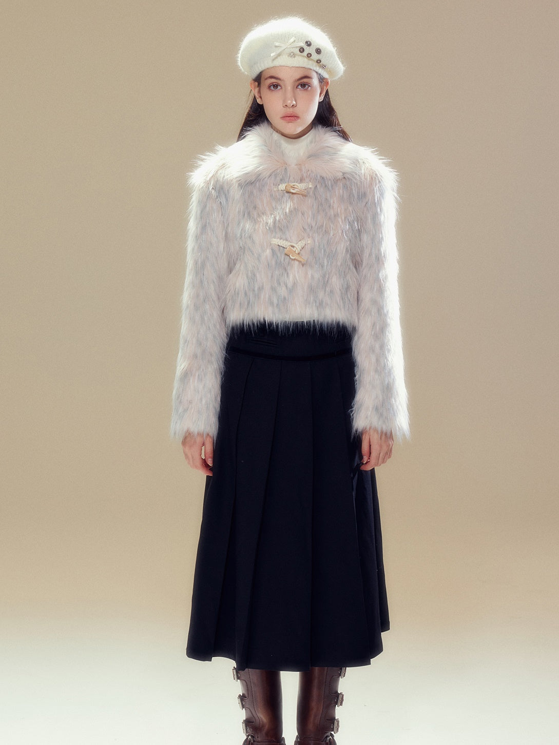 Long Hair Horn Button Friendly Fur Jacket &amp; Box Pleated Skirt