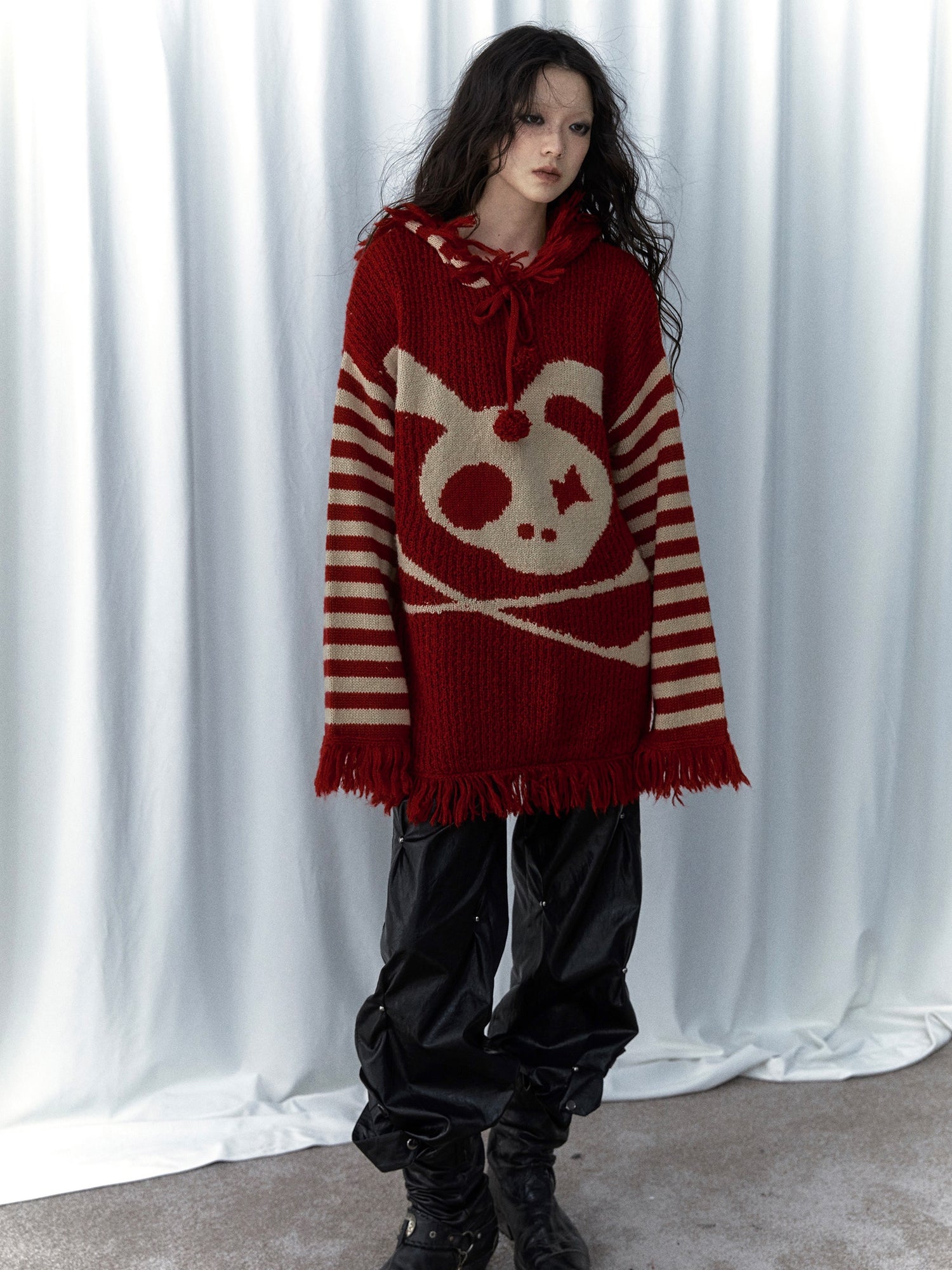 Skull Rabbit Loose Knitted Hooded Pullover