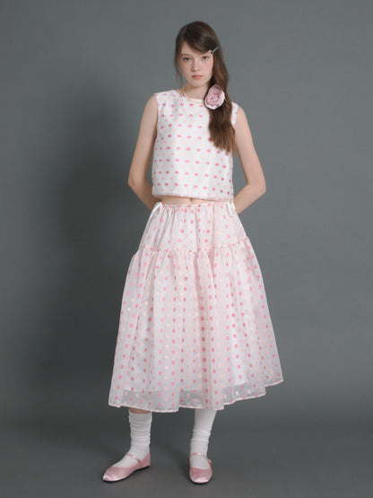 Polka Dot Sleeveless Back Ribbon Top ＆ Gather Fluffy Skirt