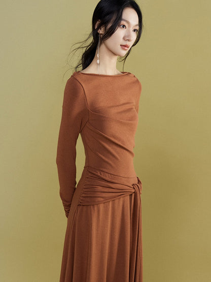 Loose Pleated Waist Ribbon Knit Dress