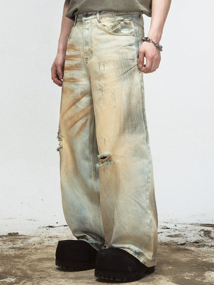 Yellow Mud-dyed Washed Distressed Straight Jeans