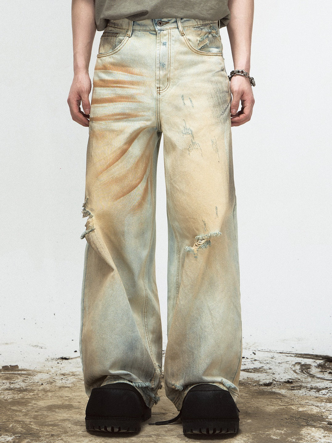 Yellow Mud-dyed Washed Distressed Straight Jeans