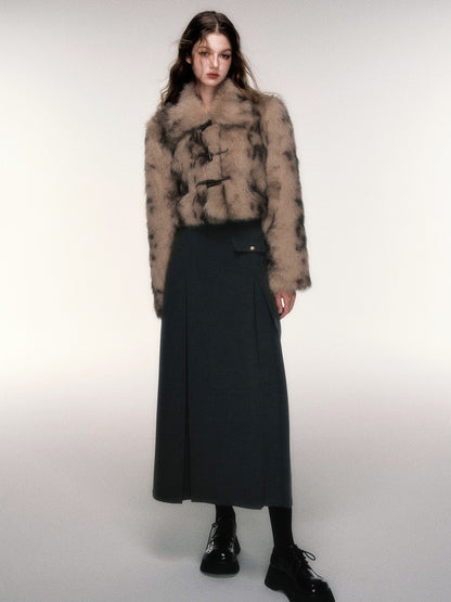 Horn Button Short Leopard Print Imitation Fur Jacket