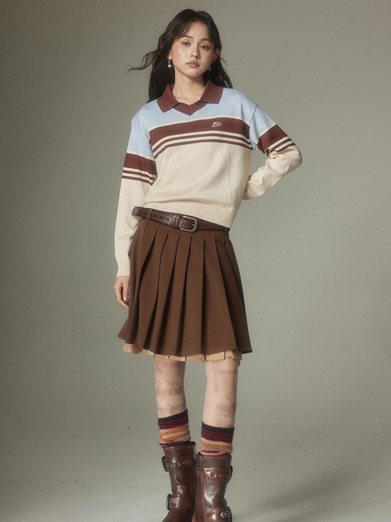 College Style Polo Collar Contrast Border Top