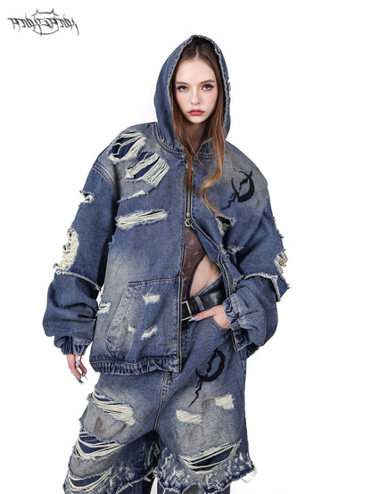 Holes Loose Genderless Hooded Denim Jacket