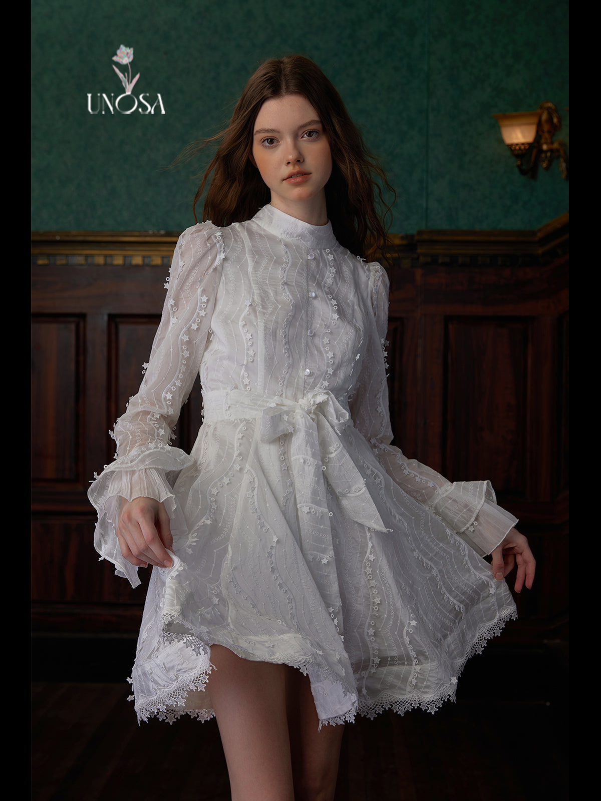 Waist Ribbon Long-sleeved Lace Dress