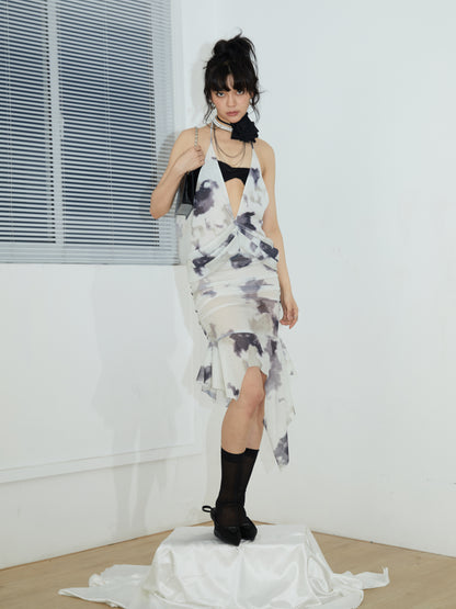 Open Back Printed Knitted Suspender Dress