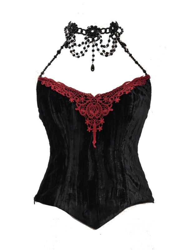 Gothic Velvet Fishbone Corset &amp; Bel Decoration Camisole &amp; Tulle en dentelle en velours jupe