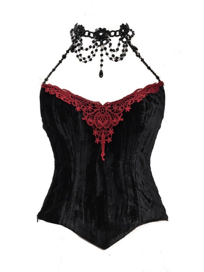 Gothic Velvet Fishbone Corset &amp; Bead Decoration Camisole &amp; Tulle Lace Velvet Skirt