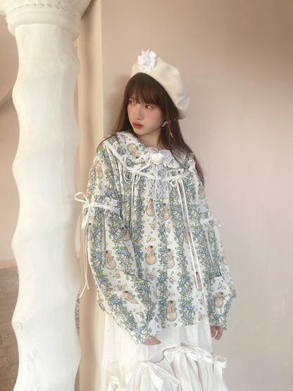 Angel Print Bow Puff Sleeve Loose Shirt