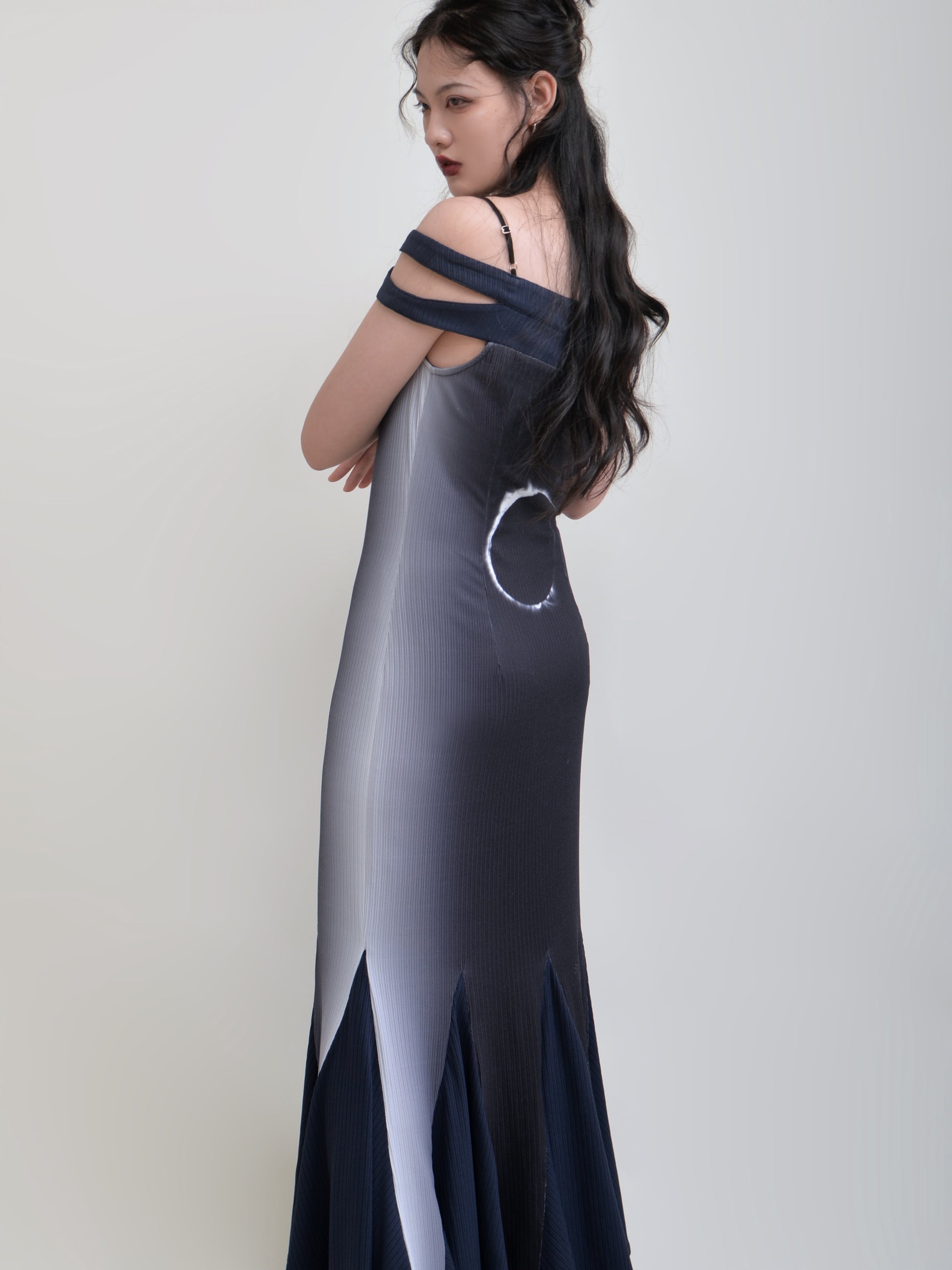 Printed Stitching Suspenders Elastic Mermaid Dress