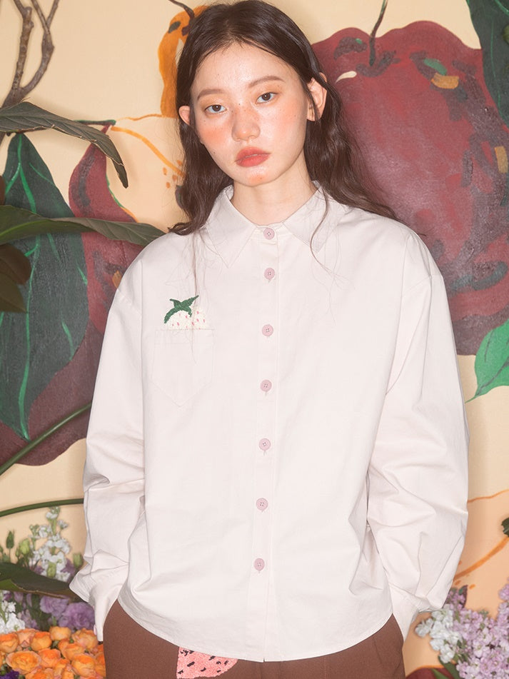 Strawberry Embroidery Loose Long-sleeved Shirt