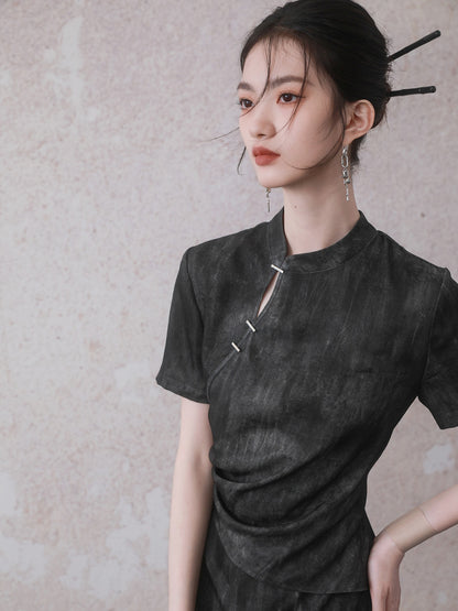 Chinese Style Gradation Wrinkled Short Sleeve Dress