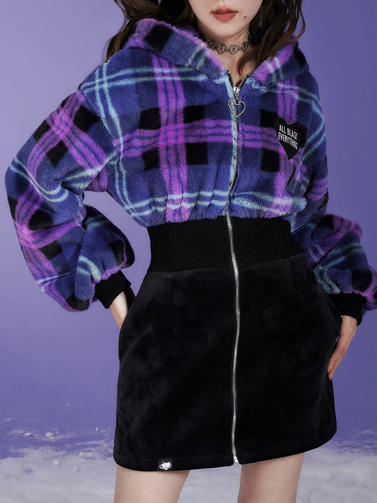 Plaid Fur Plush Switching Design Hooded Dress