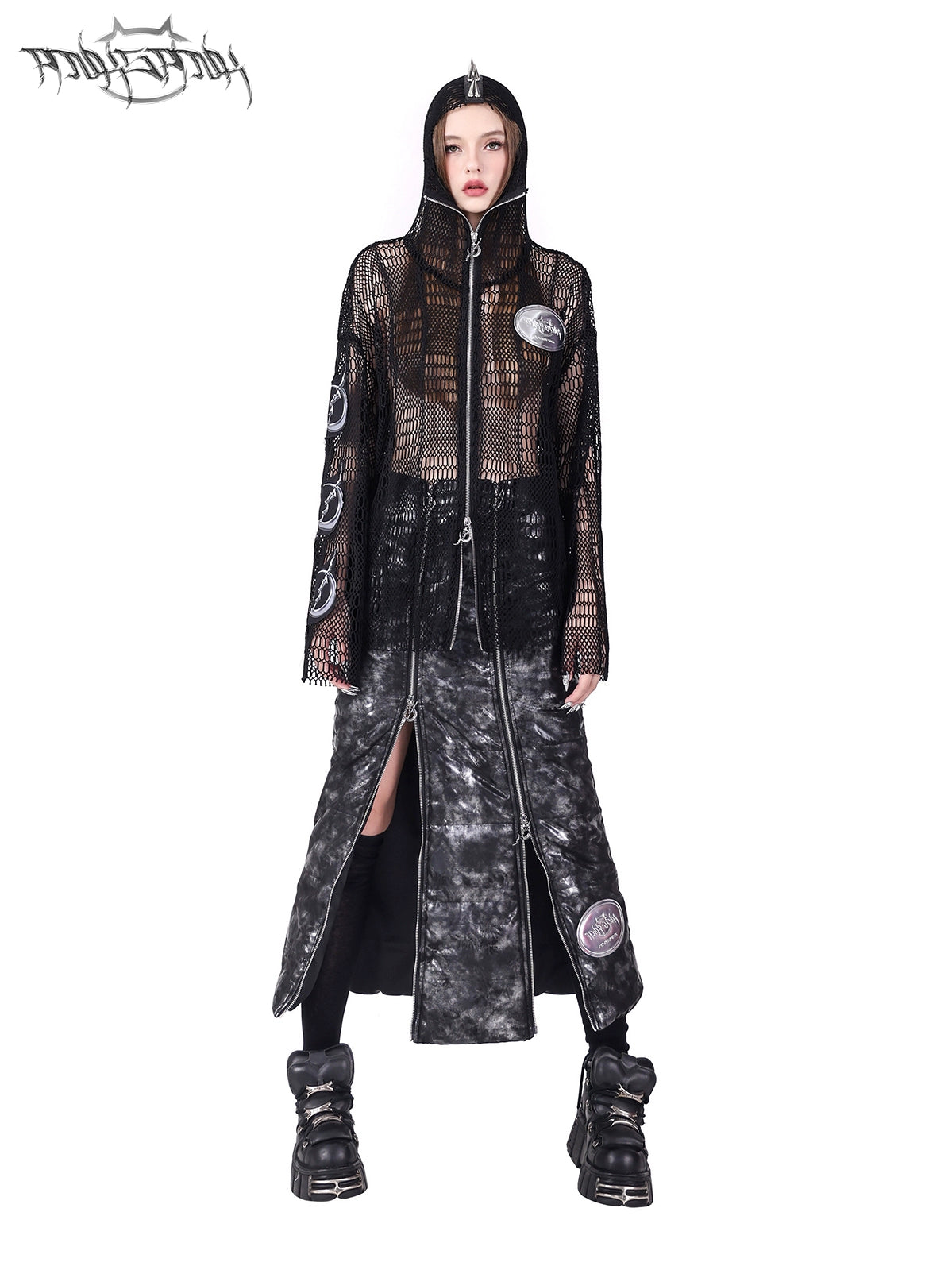 Rivet Punk Hooded Mesh Patch Embroidered Jacket