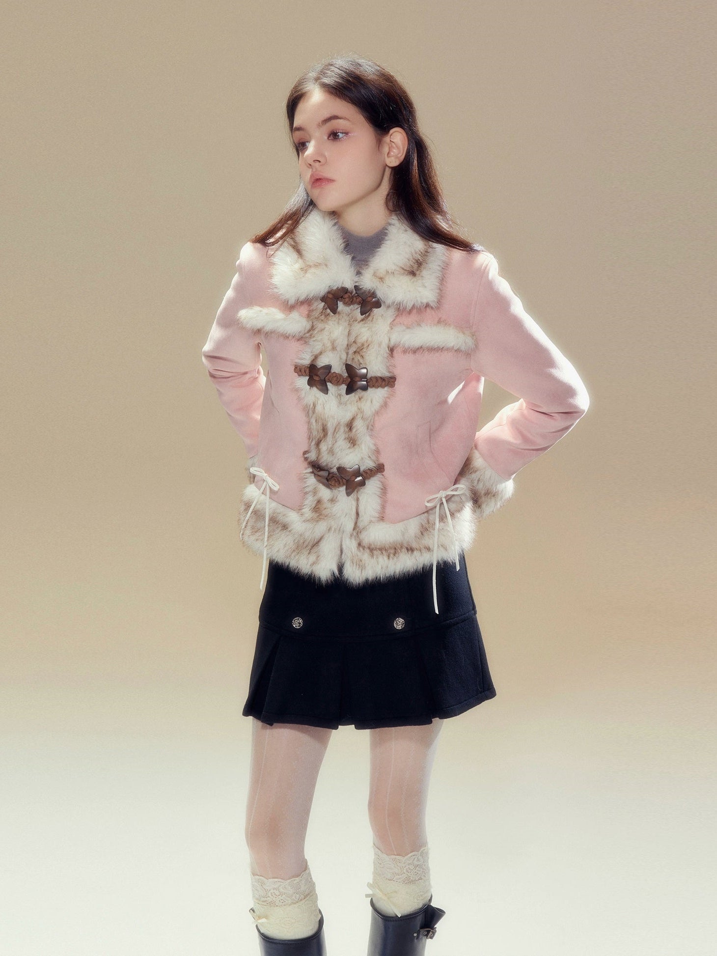 Suede Touch Butterfly Buckle Fur Plush Jacket &amp; Pleated Skirt